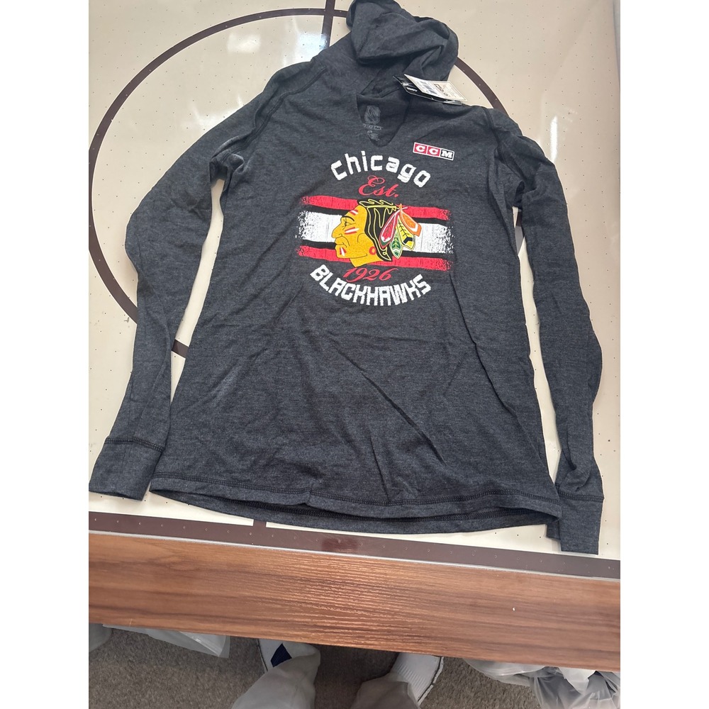 011 CCM Chicago Blackhawks Womens Long Sleeve Hooded Tee Black Heathered  M